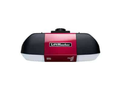 Product photo of a black, red, and white LiftMaster garage door opener on a white background