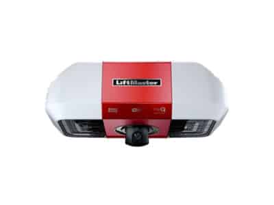 Product photo of a red, white, and black LiftMaster garage door opener on a white background